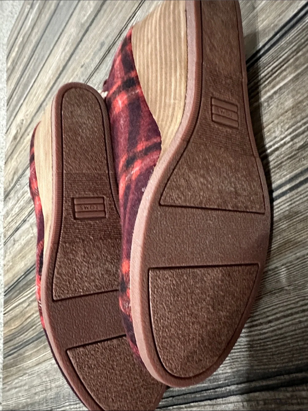 Plaid Sherpa Trim Wedge Booties - Burgundy Red Tom’s